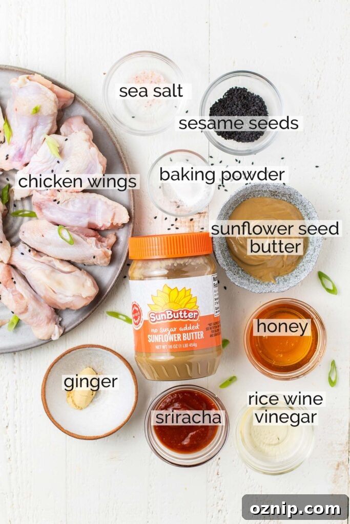 The ingredients needed for air fryer chicken wings plus the sweet and tangy Asian sauce.