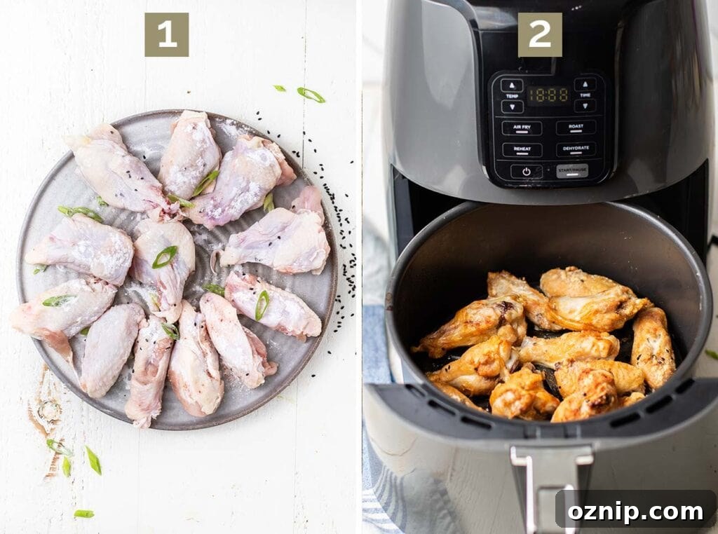 Step one is to coat the chicken wings with baking powder, and step two is to add the wings to an air fryer.