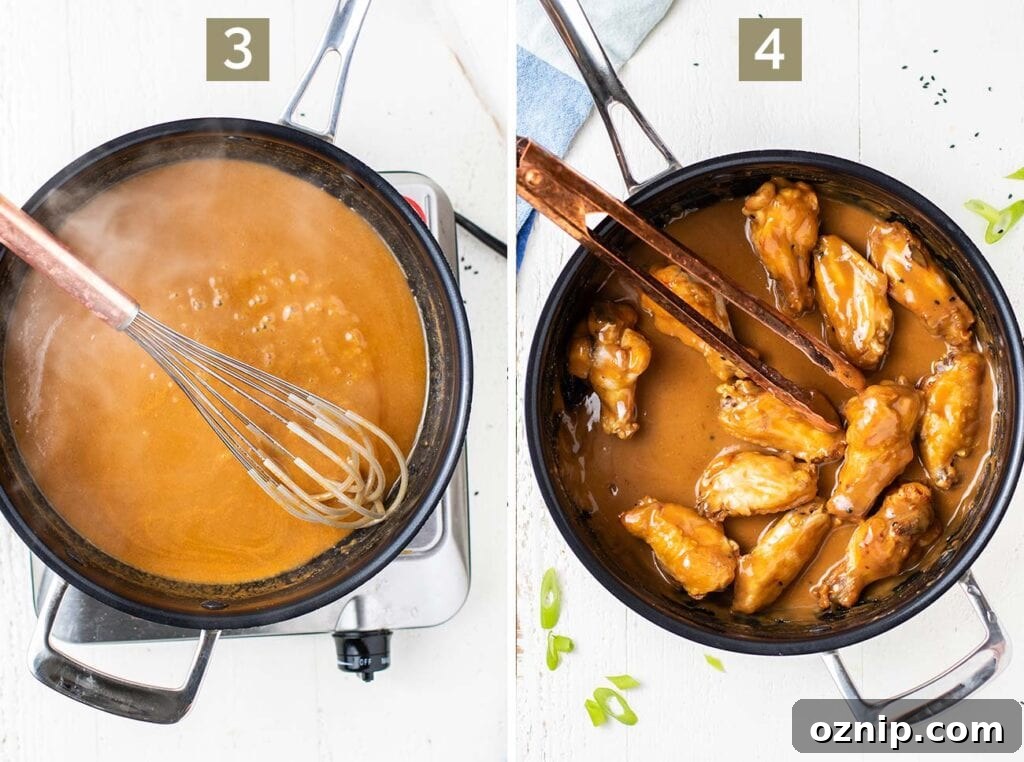 Step 3 is to make the Asian wing sauce, and step 4 is to toss the wings in the sauce.