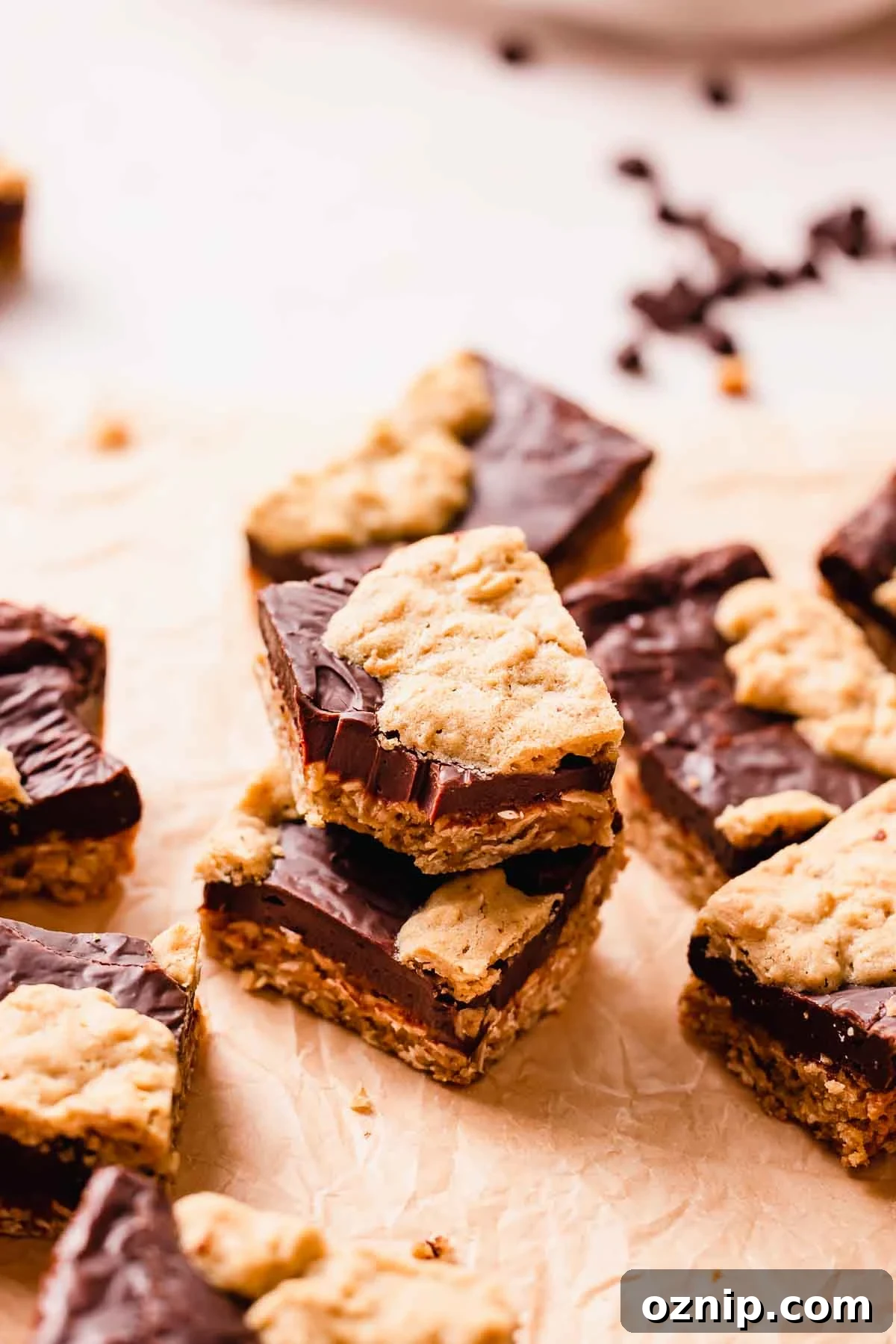 bitten oatmeal fudge bars on parchment paper