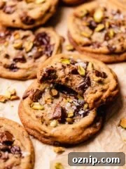 bitten pistachio chocolate cookie on top of whole cookie