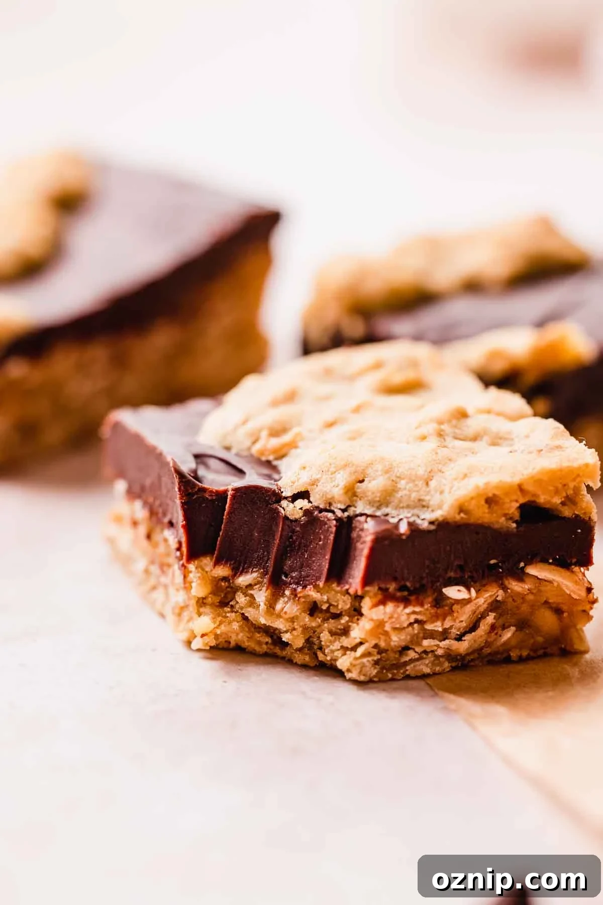 bitten oatmeal fudge bar showing smooth fudge texture