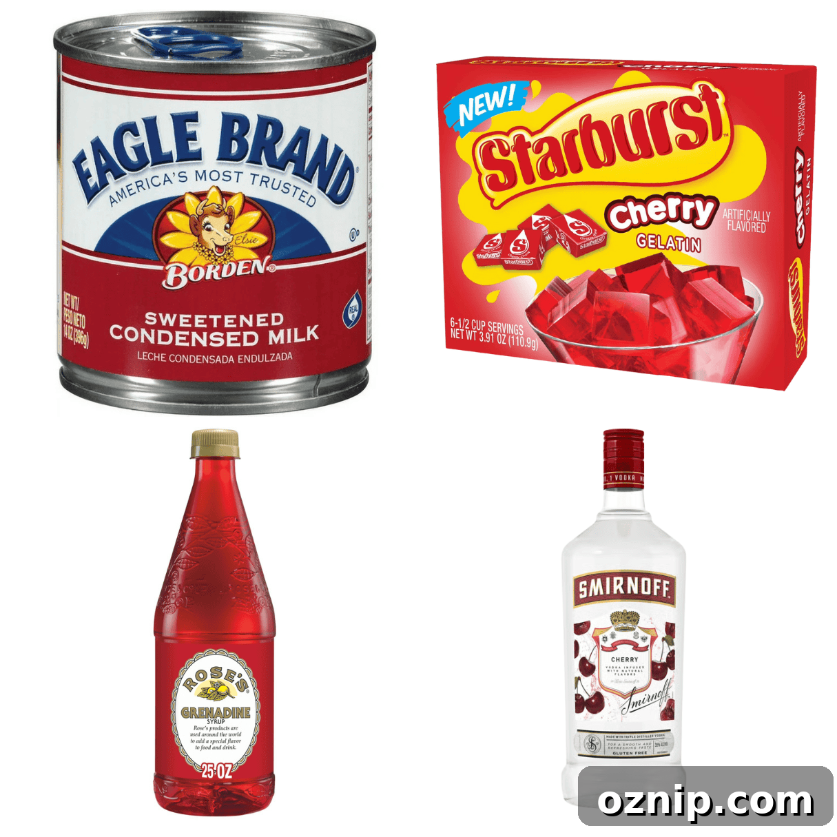 Cherry Starburst Jello Shots Recipe for Parties 3 ingredients including sweetened condensed milk, Starburst cherry gelatin, grenadine, and Smirnoff Cherry vodka.