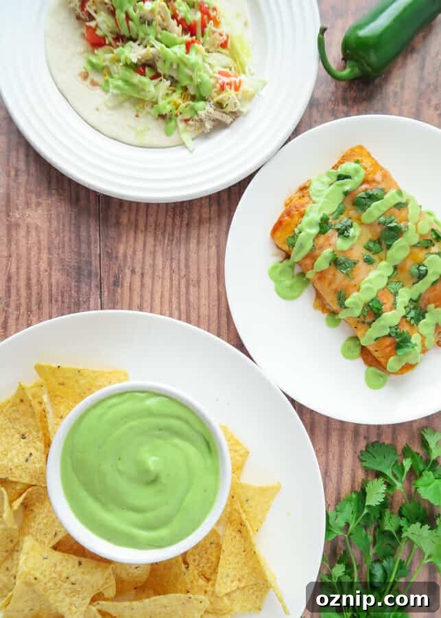 overhead shot of creamy avocado sauce as a dip and on enchiladas and tacos