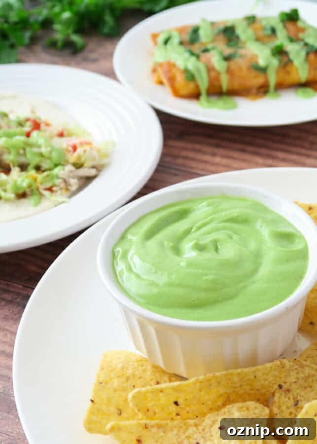 Healthy Creamy Avocado Sauce (with Greek Yogurt) served as Creamy Avocado Dip and drizzled on tacos and enchiladas