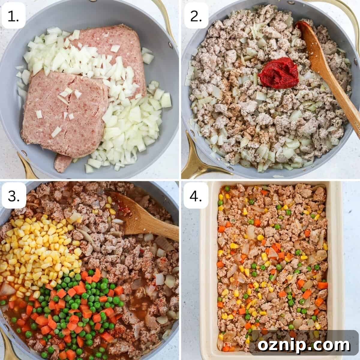 steps for making turkey shepherd's pie in four quadrants