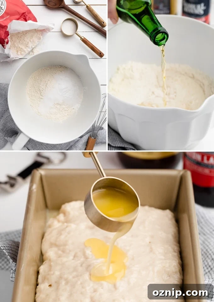Classic Beer Bread Recipe with Crispy Crust 4 collage of three process shots showing the dry ingredients for beer bread, pouring beer into the batter, and drizzling butter over the top of the batter in a loaf pan