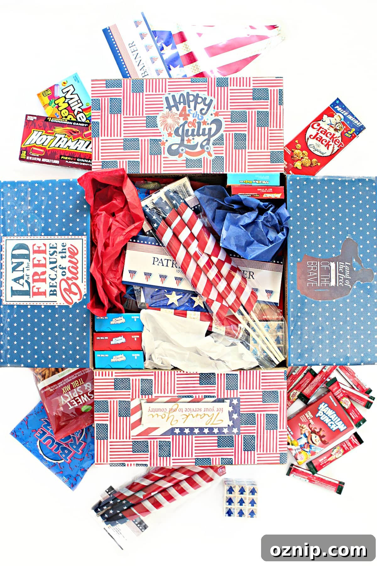 4th of July Care Package for Festive Gifting 2 4th of July Care Package decorated and filled with red, white, and blue.