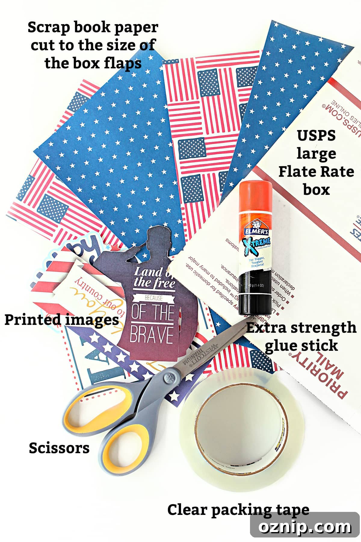 4th of July Care Package for Festive Gifting 3 Materials labeled: scrapbook paper, box, glue stick, printed images, scissors, packing tape.