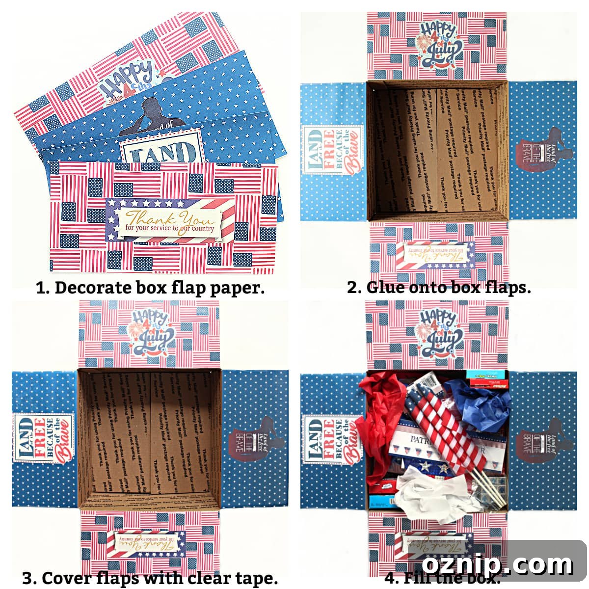 4th of July Care Package for Festive Gifting 4 Instructions labeled: decorate box flap paper, glue onto box, cover with tape, fill box.
