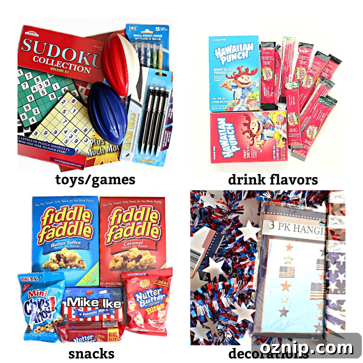 4th of July Care Package for Festive Gifting 5 Care package contents labeled: toys/games, drink flavors, snacks, decorations.