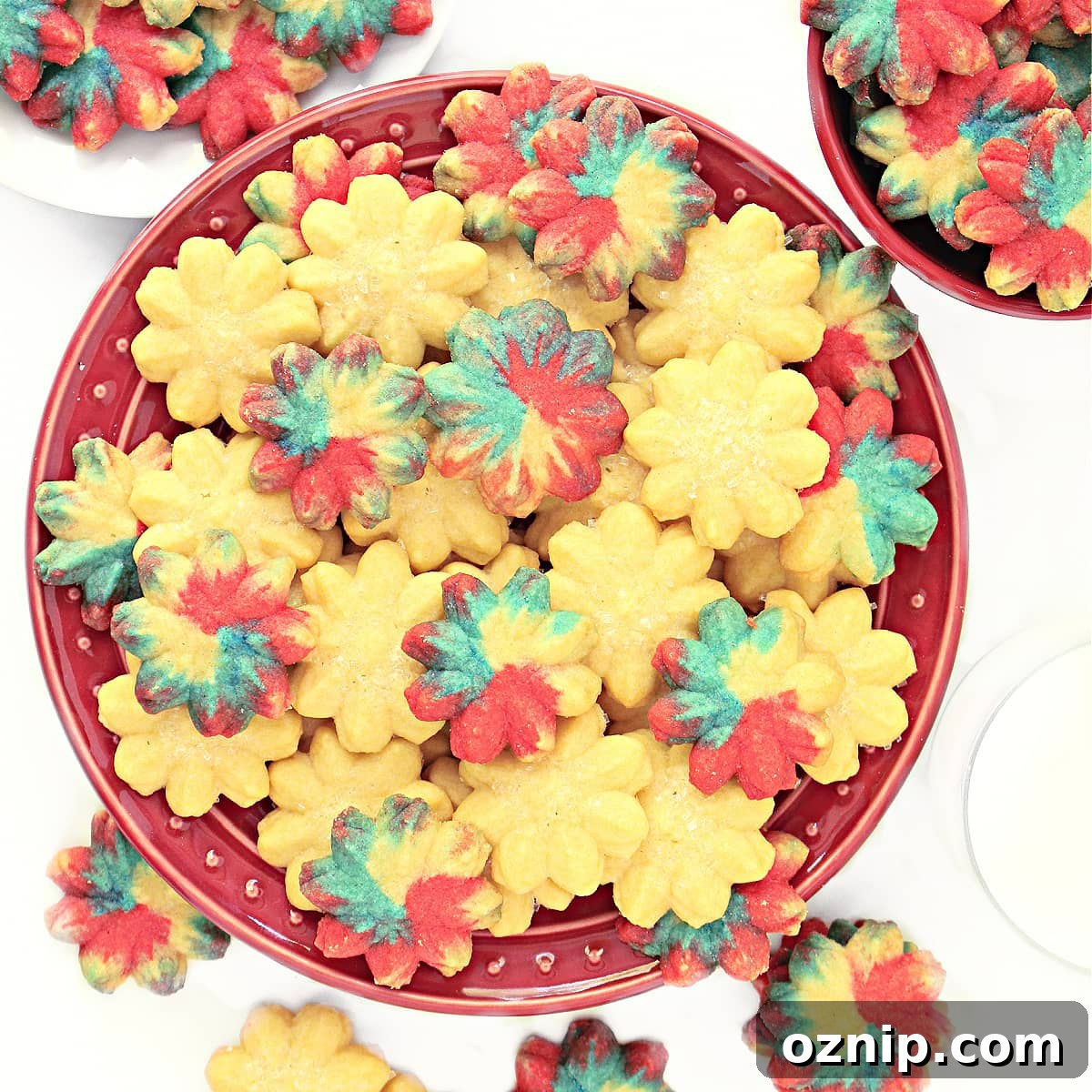 4th of July Care Package for Festive Gifting 6 Spritz cookies colored to look like fireworks.