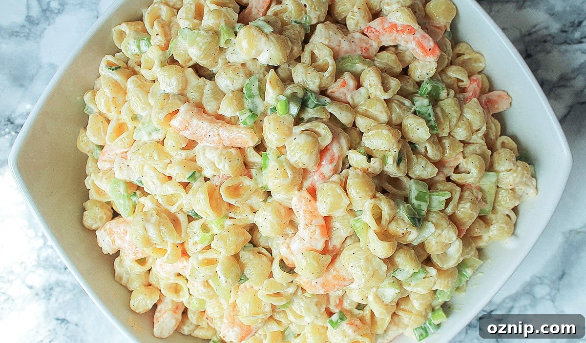 closeup of shrimp macaroni salad