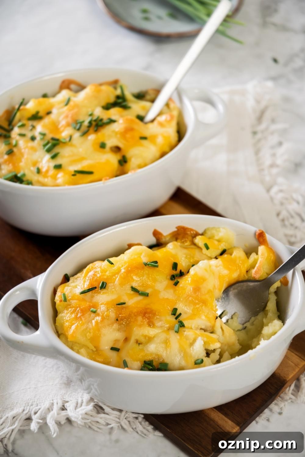 A white casserole dish that has cheesy mashed potatoes in it with a spoon in the potatoes.