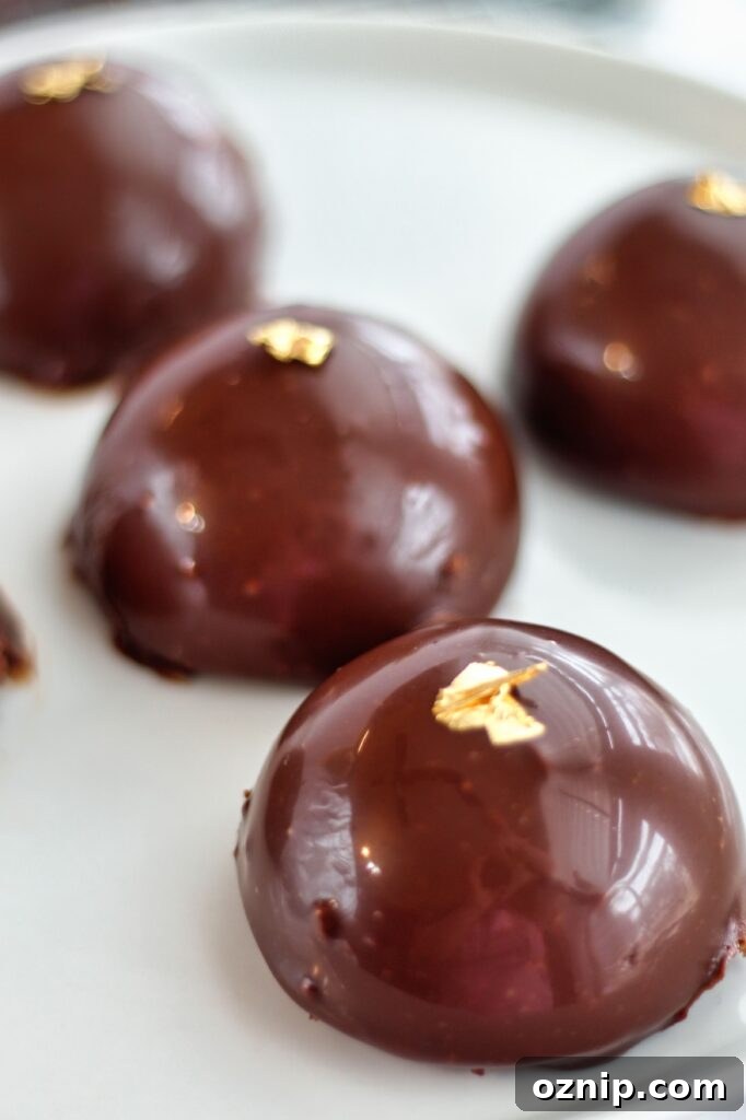 chocolate mousse dome cakes on white plate with gold leaf