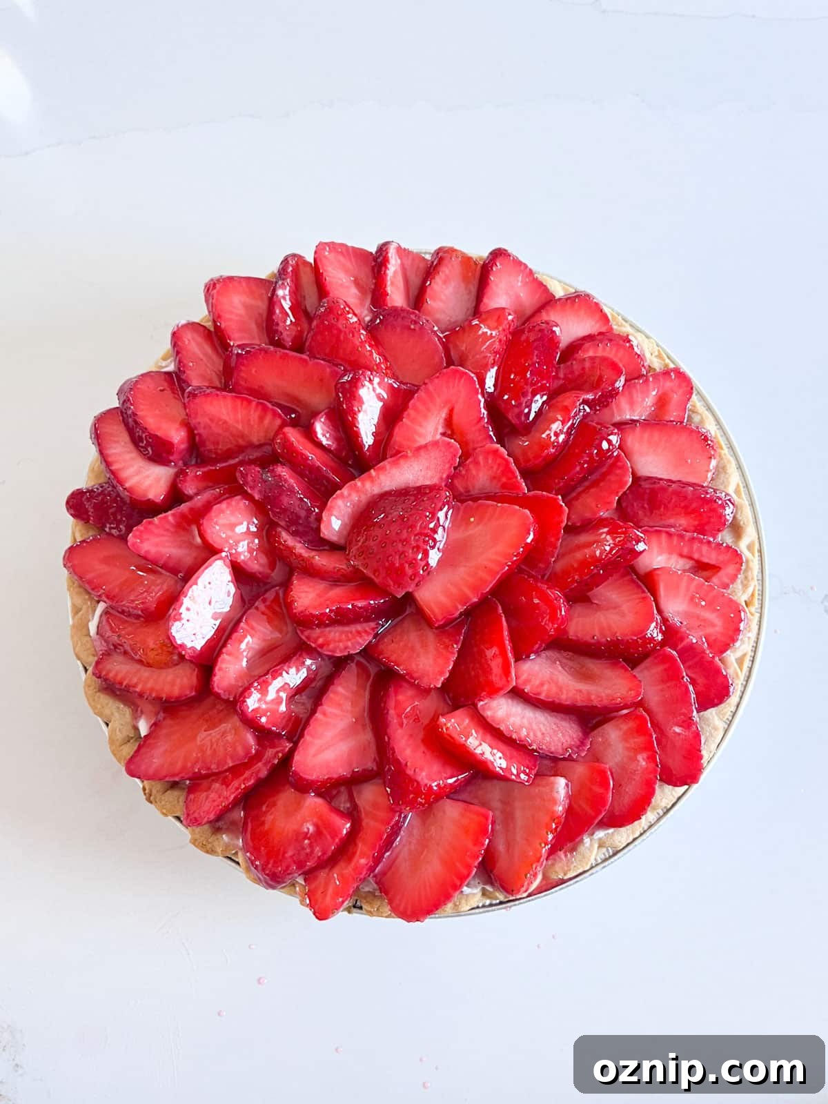 Strawberry Cream Cheese Pie Recipe with Fresh Strawberries 9 Glazed strawberries shingled onto the top of the pie.