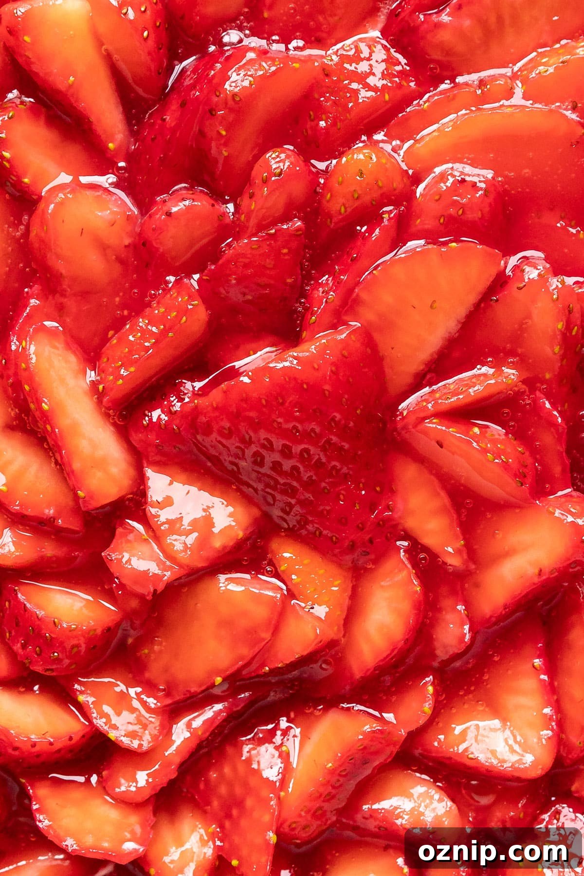 Strawberry Cream Cheese Pie Recipe with Fresh Strawberries 11 A close up image of the strawberries shingled on top of the pie.
