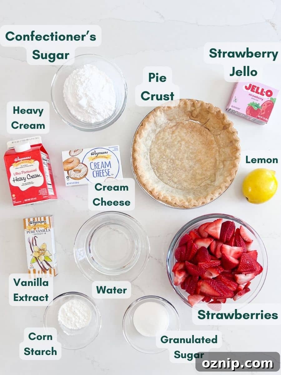 Strawberry Cream Cheese Pie Recipe with Fresh Strawberries 4 An overhead image of the labeled ingredients for this recipe.