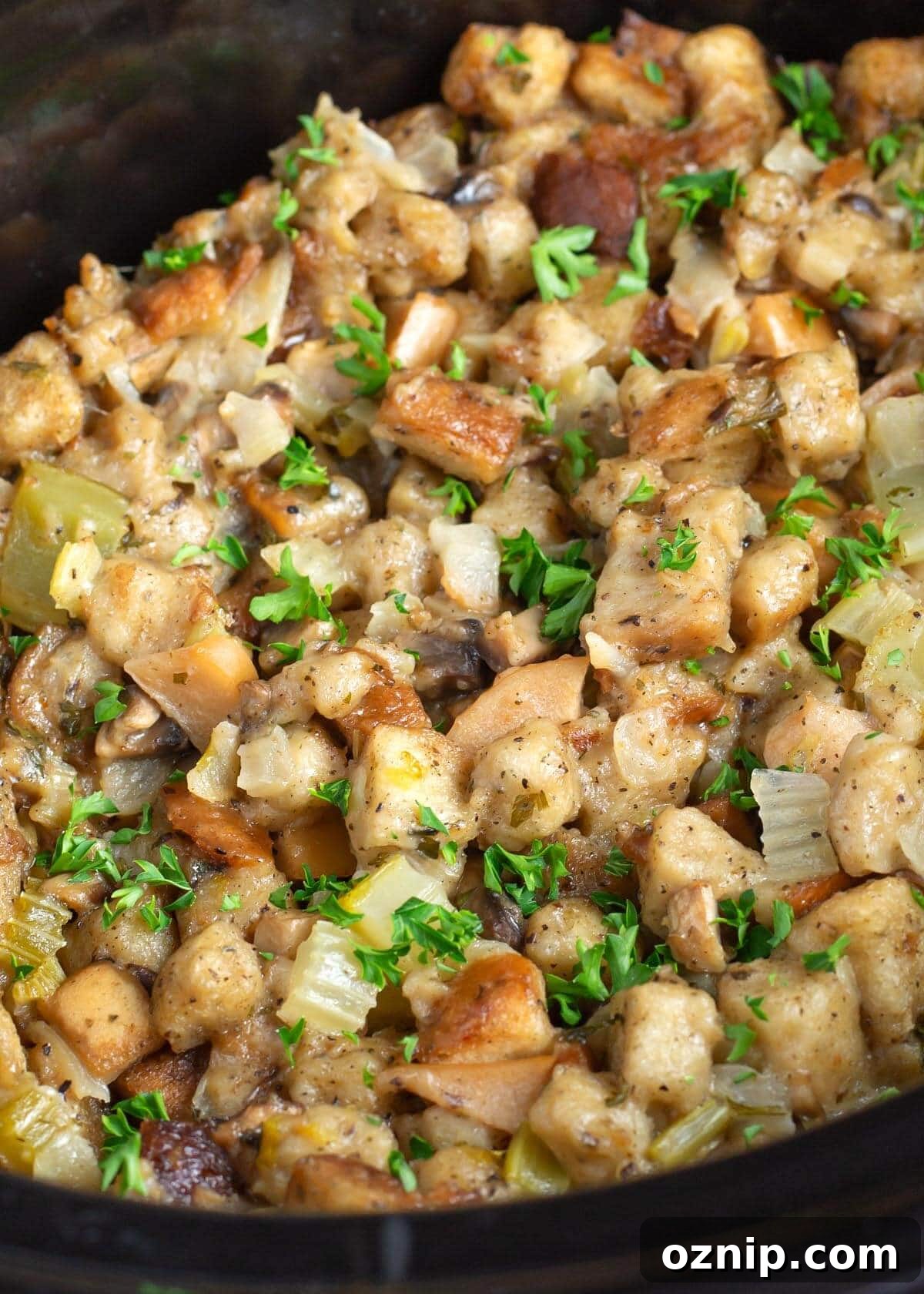close up of easy slow cooker stuffing
