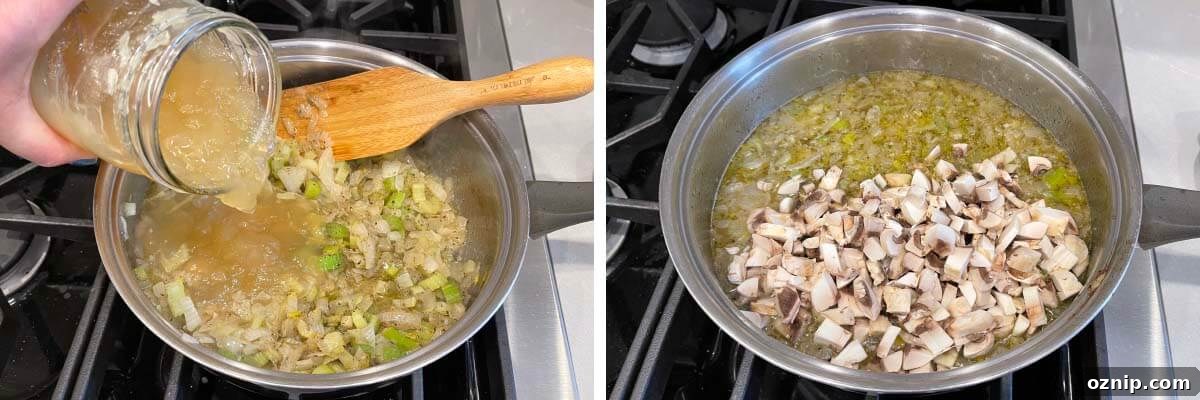 add broth to pan, added mushrooms to pan
