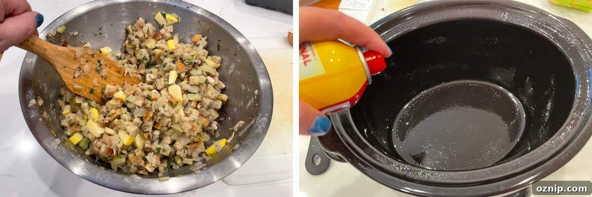 bowl of stuffing mixture, spraying the crock