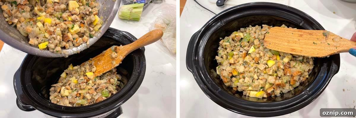 adding easy slow cooker stuffing to crock, smoothed out stuffing in crock