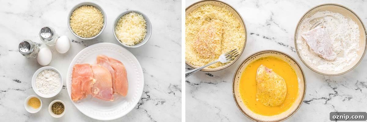 Air Fryer Parmesan Crusted Chicken Recipe 3 ingredients artfully arranged, bowls of ingredients and chicken