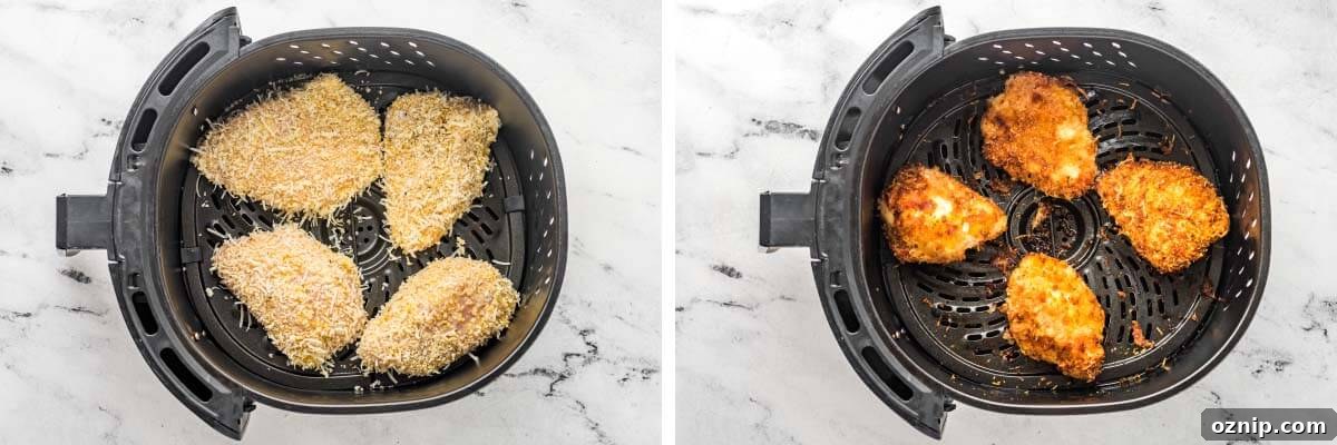 Air Fryer Parmesan Crusted Chicken Recipe 4 Air Fryer Parmesan Chicken in air fryer basket uncooked, chicken in air fryer basket cooked