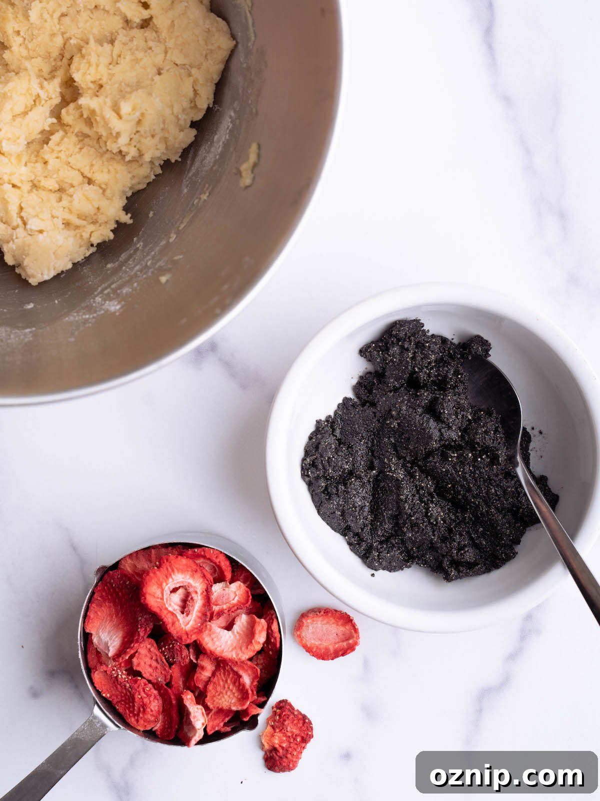 Cookie dough, black sesame paste, and freeze dried strawberries