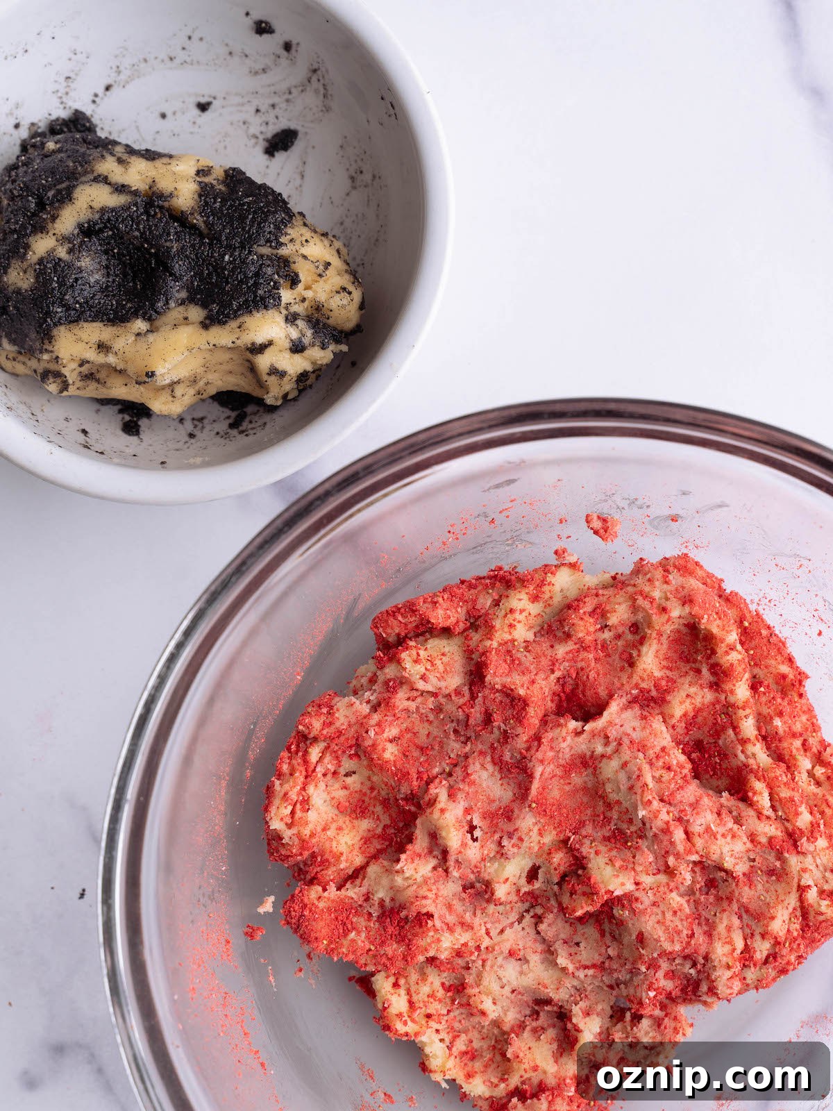 Strawberry cookie dough and black sesame cookie dough