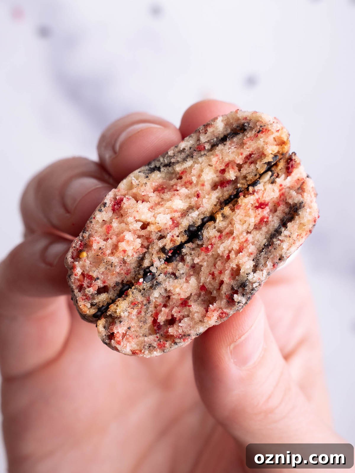 A cookie broken in half to show swirl inside