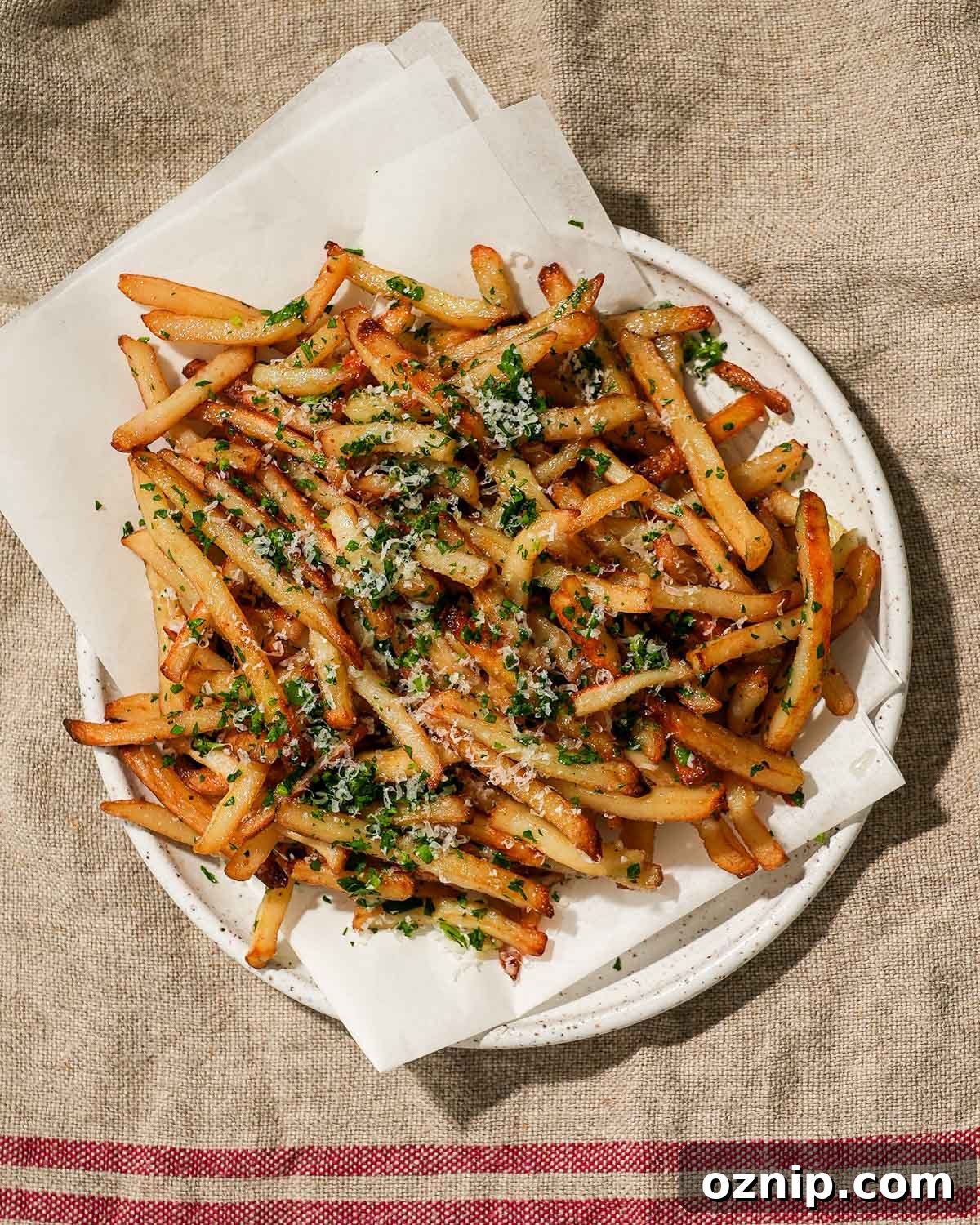 A plate of freshly fried fries garnished with Parmesan cheese and chopped herbs.