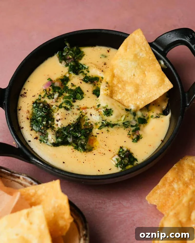 A skillet of habanero white cheddar queso topped with herbs and tortilla chips.