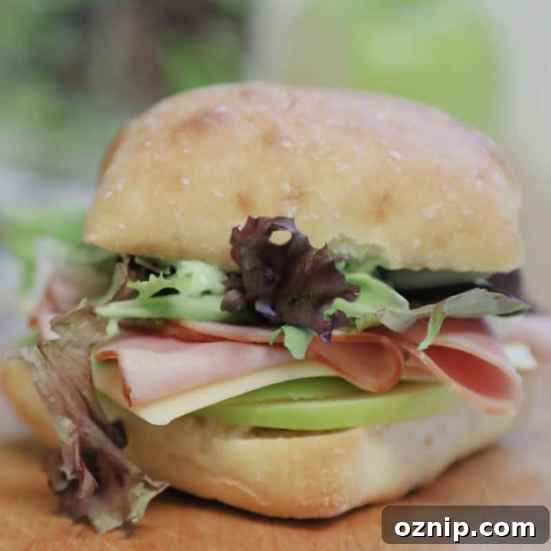 30+ Side Dishes for Soup to Complete Your Meal 6 Ham and Swiss Ciabatta Sandwich with Garlic Aioli on a wood board
