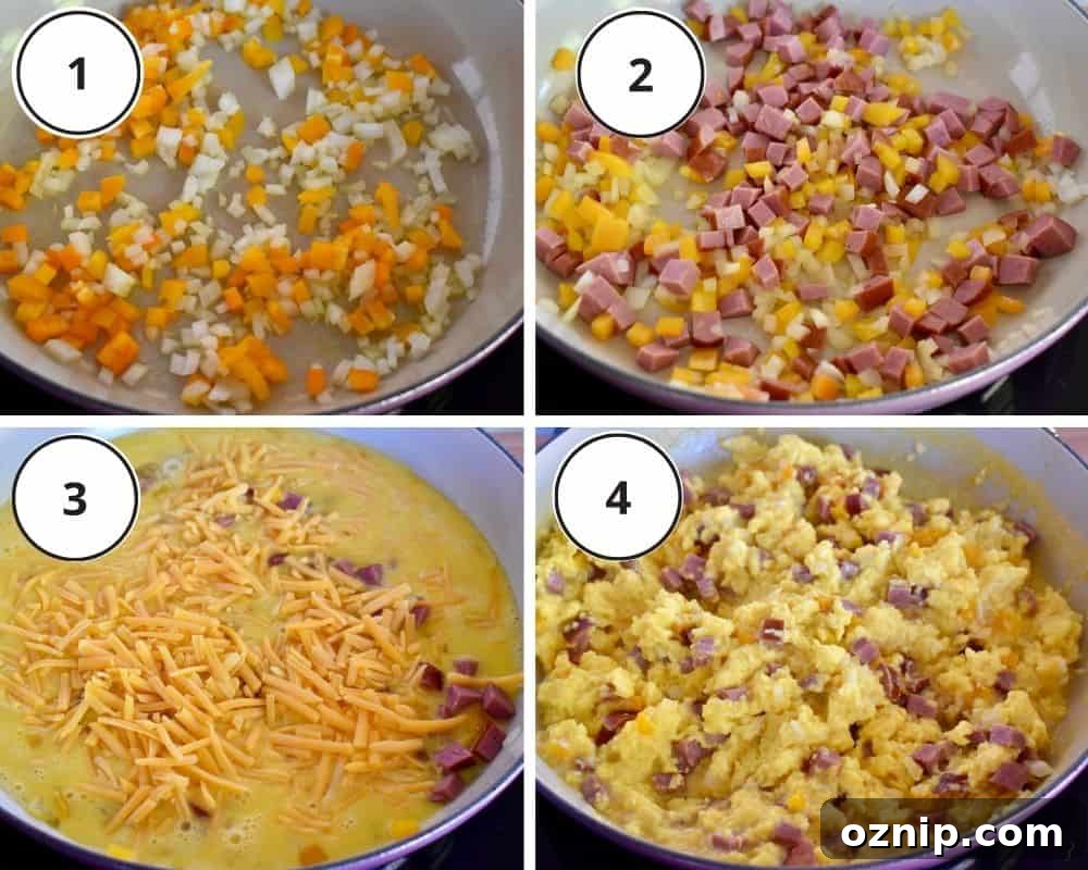 Freezer-Friendly Turkey Sausage Breakfast Burritos Recipe 4 Process shots showing the skillet for making eggs with kielbasa and cheddar.
