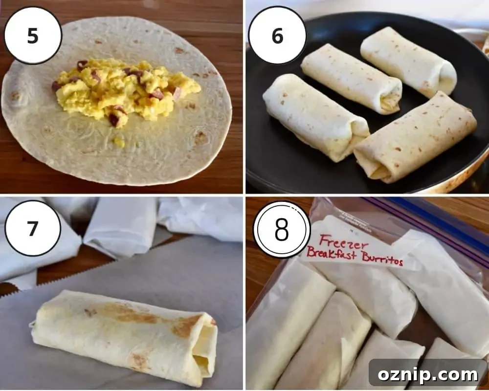 Freezer-Friendly Turkey Sausage Breakfast Burritos Recipe 5 Process shots showing how to fill and grill the burritos.