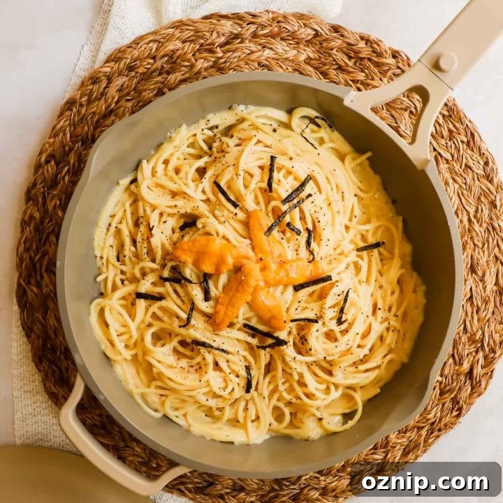Uni pasta cacio e pepe in a pan with nori and sea urchin