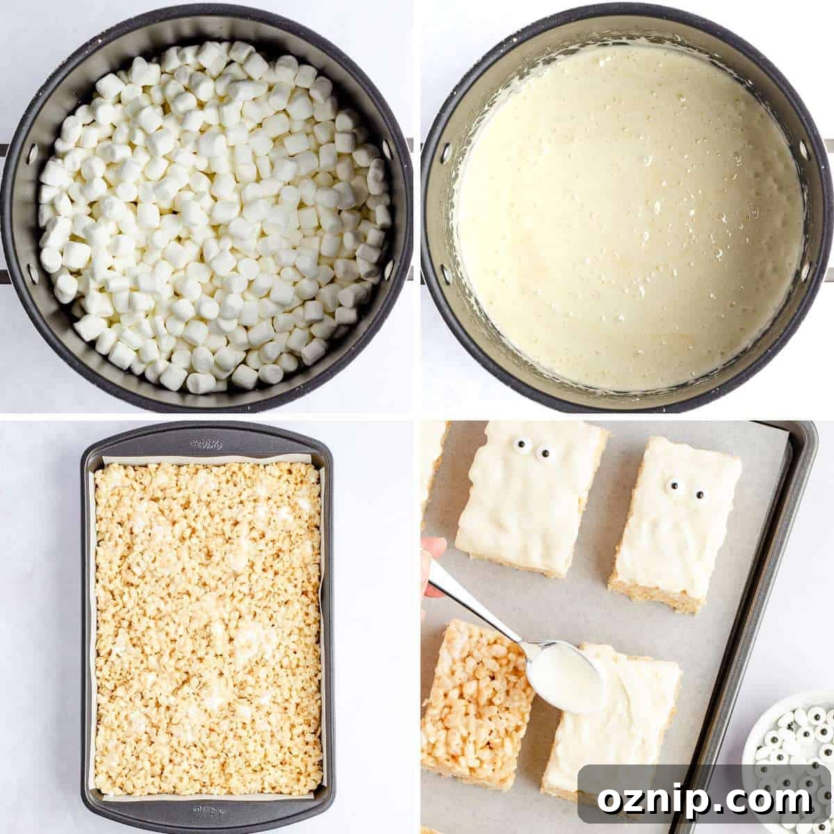 Collage of four images showing how to make Rice Krispie treats and decorate them to look like mummies