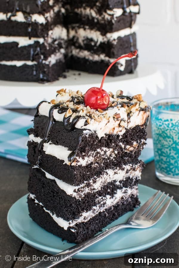 Dark Chocolate Layer Cake - 4 layers of cake and frosting topped with hot fudge, pecans, and cherries is perfect for any celebration! This is an awesome dessert recipe.