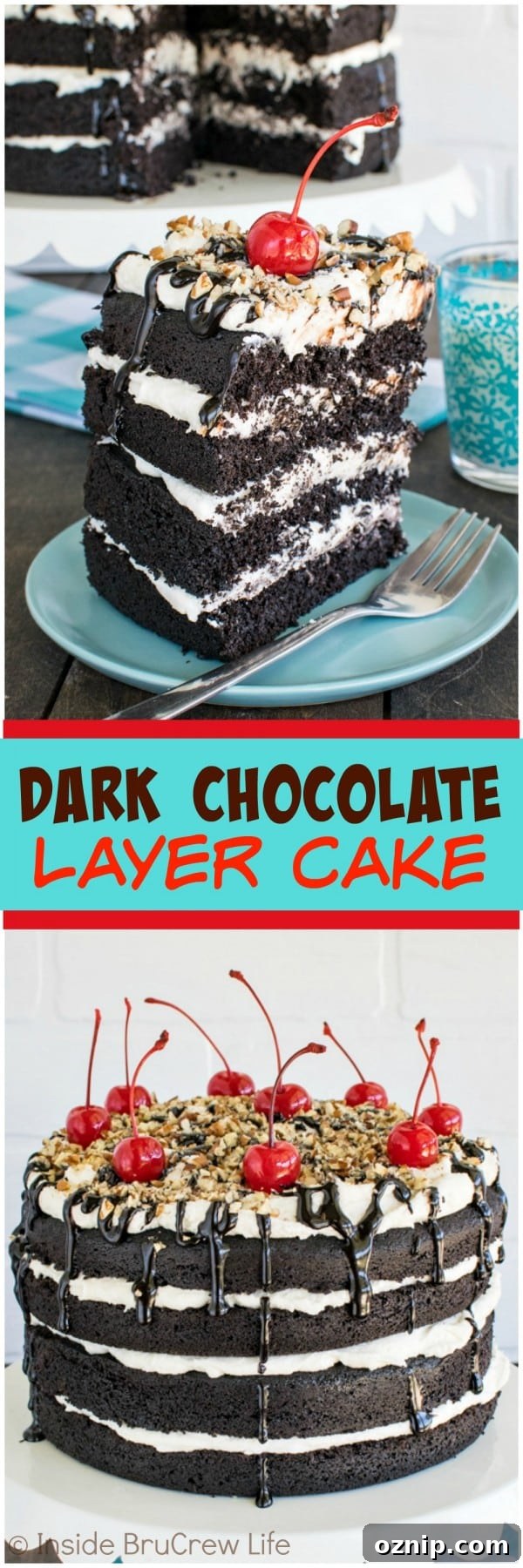 Dark Chocolate Layer Cake - 4 layers of cake and frosting topped with hot fudge, pecans, and cherries makes the perfect dessert recipe to celebrate anything with!