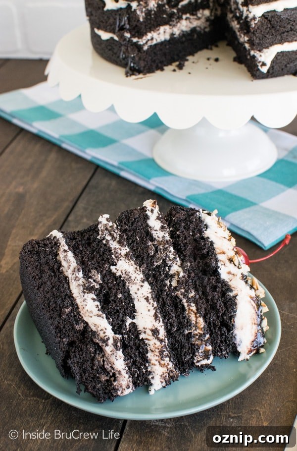 Layers of cake and frosting topped with hot fudge, pecans, and cherries make this Dark Chocolate Layer Cake the perfect dessert recipe!