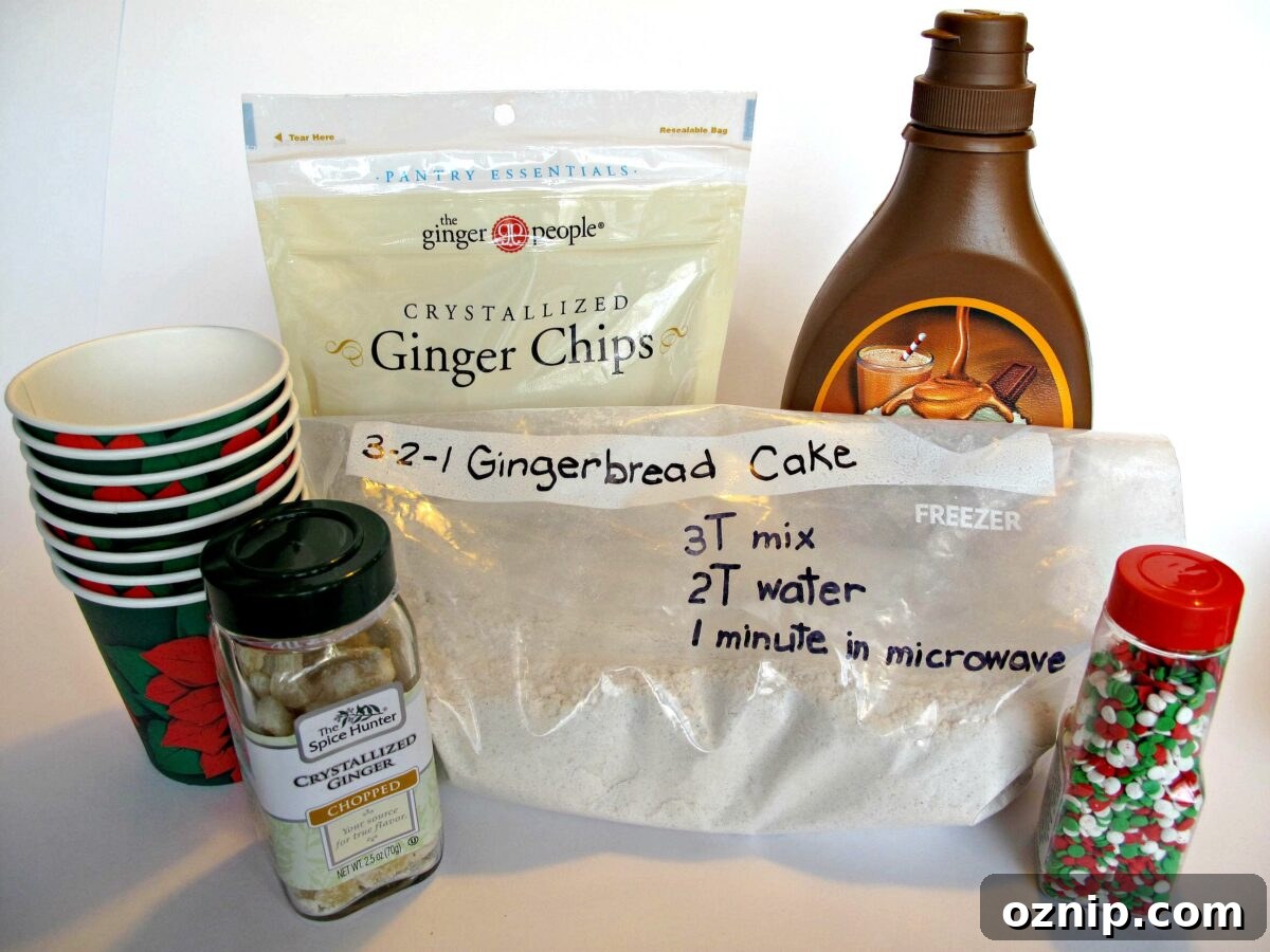 Ingredients for Gingerbread Mug Cake Ingredients: cake mix, sprinkles, Crystallized Ginger, Caramel Syrup, paper cups.