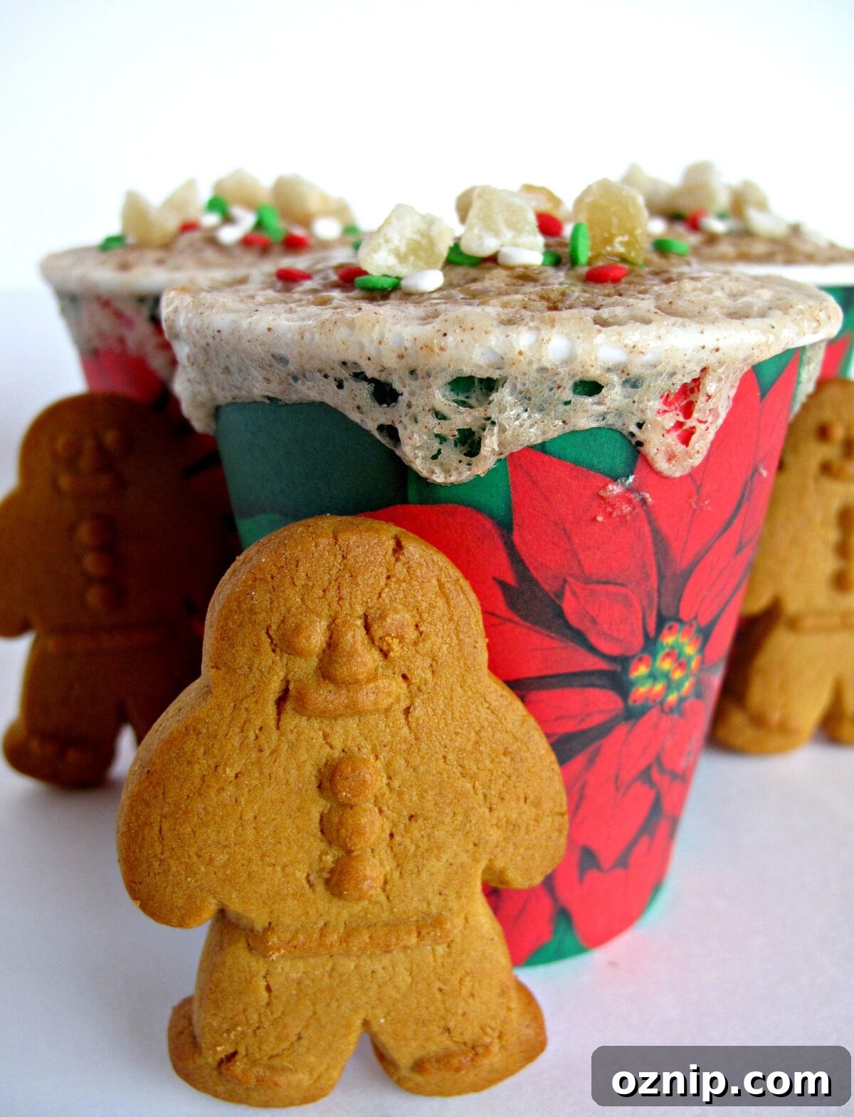 Gingerbread Mug Cake presentation Gingerbread cookie in front of a Gingerbread Mug Cake in a poinsettia paper cup.