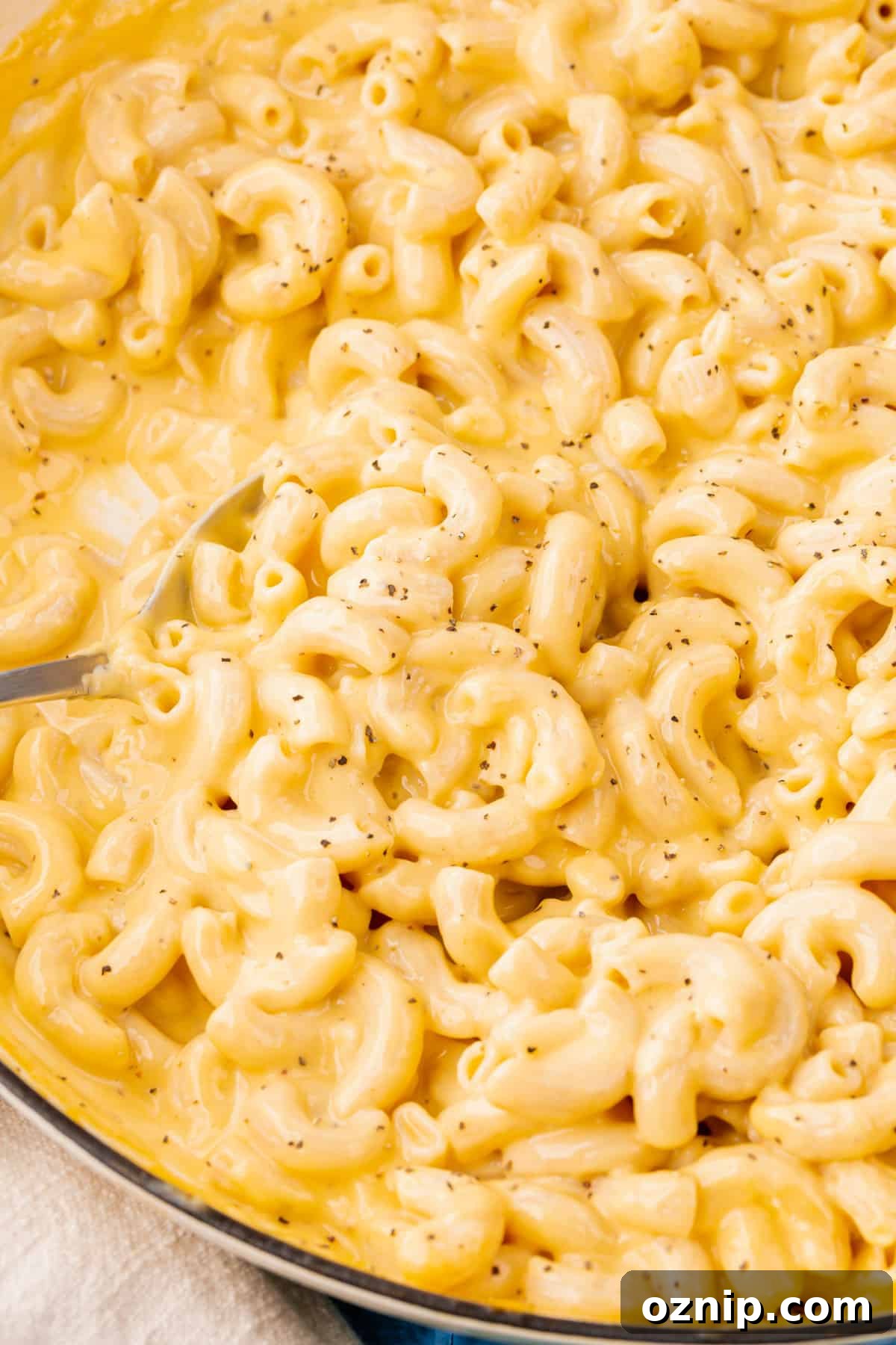 Creamy Gluten Free Mac and Cheese Recipe 11 A closeup of a skillet of gluten free mac and cheese with a spoon.