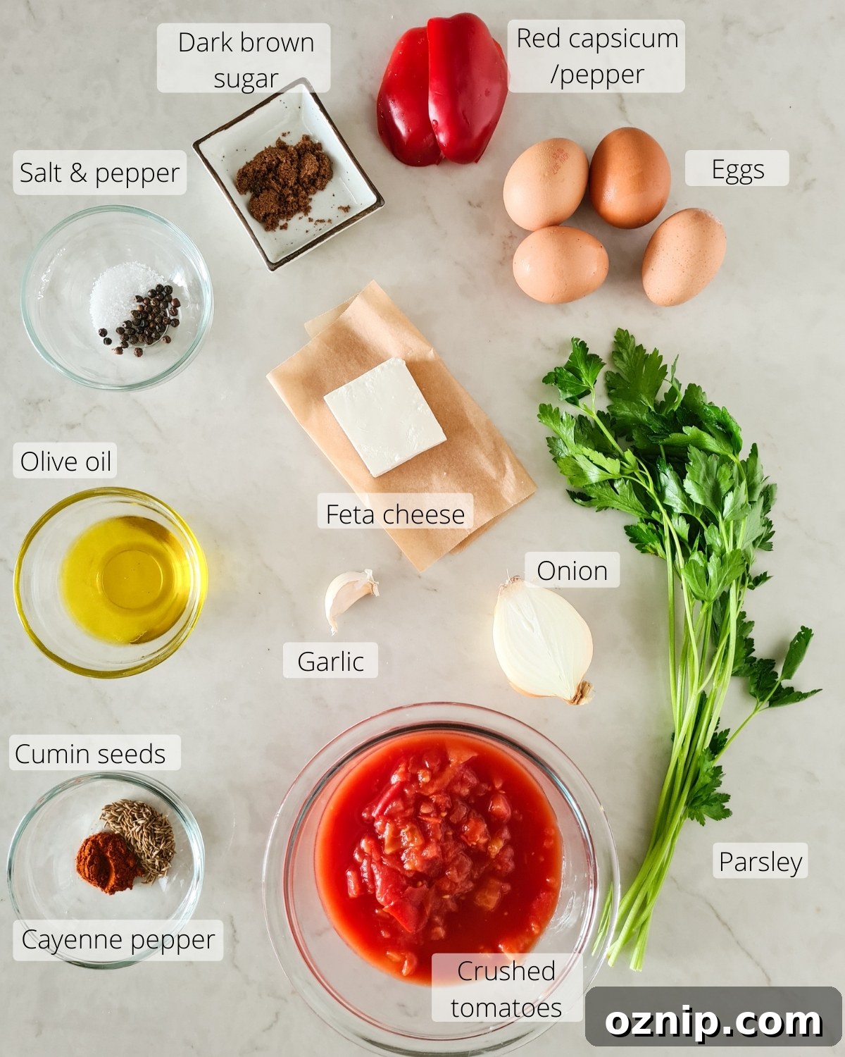 Feta Shakshuka Recipe with Poached Eggs 3 All ingredients required for shakshuka with feta