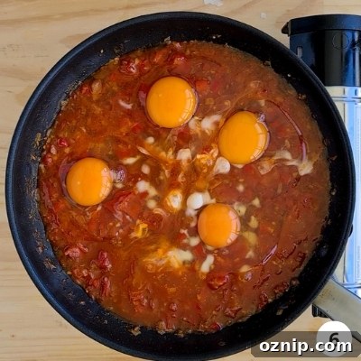 Feta Shakshuka Recipe with Poached Eggs 9 Eggs cracked into pan of shakshuka sauce