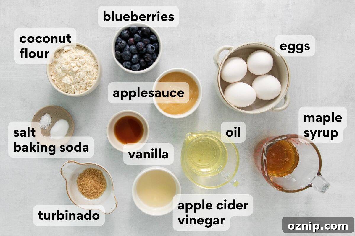 Moist Coconut Flour Blueberry Muffins 3 coconut flour blueberry muffin ingredients measured and labeled.