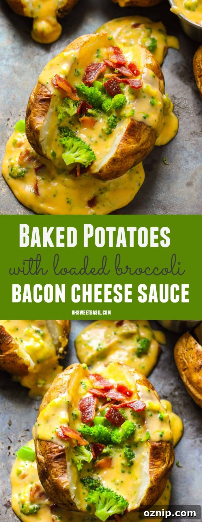 A loaded baked potato with bacon, broccoli and a creamy cheddar cheese sauce