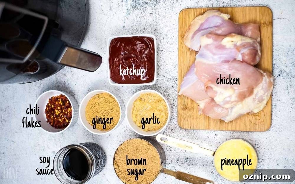 Air Fryer Huli Huli Chicken Recipe 4 Ingredients to make Huli Huli chicken in the air fryer with text labels.