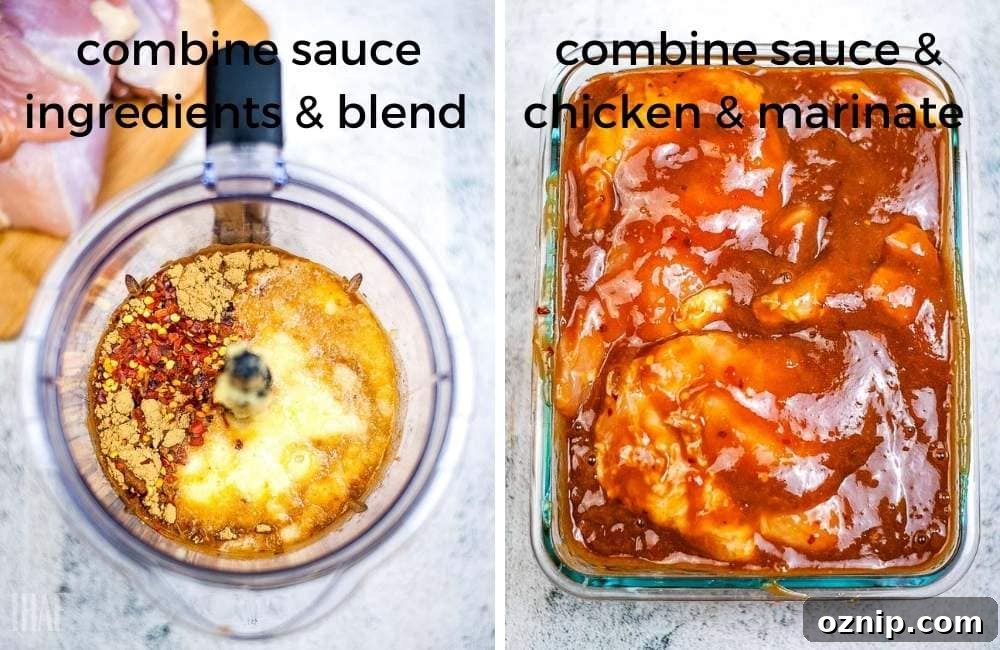 Air Fryer Huli Huli Chicken Recipe 5 Two photo collage of making the bbq sauce and marinating the chicken in the sauce with text overlay.